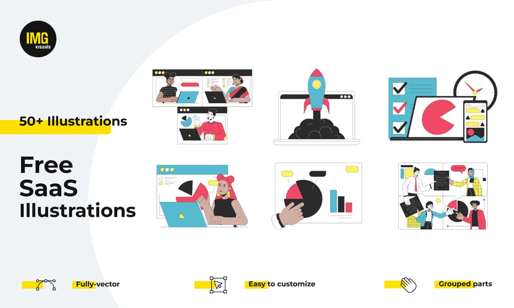 Vector SaaS Illustration Pack — minimal tech scenes, dashboards and workflow graphics