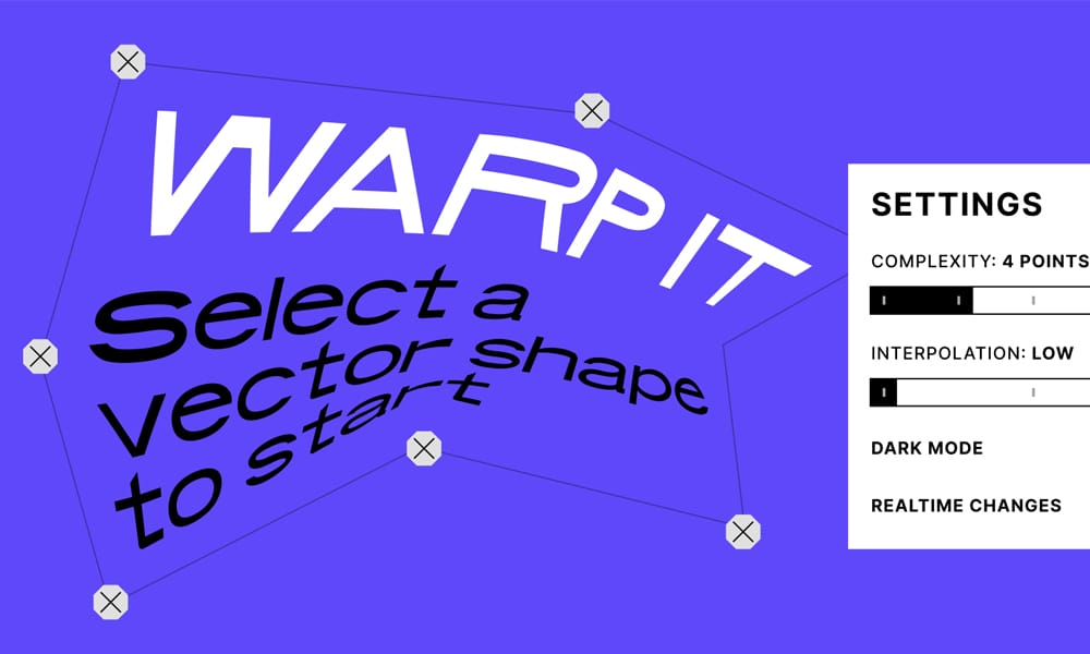 The Warp It Figma plugin's grid overlay being used to bend and distort text, showcasing its powerful vector warping capabilities.