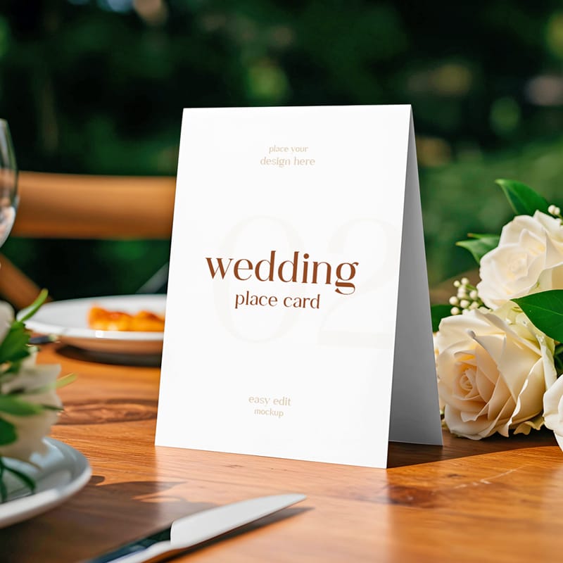 Wedding Place Card on Table Mockup PSD
