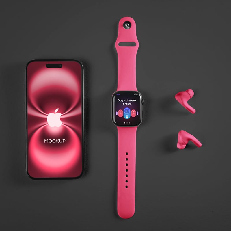 iPhone 16 and Apple Watch Mockup PSD