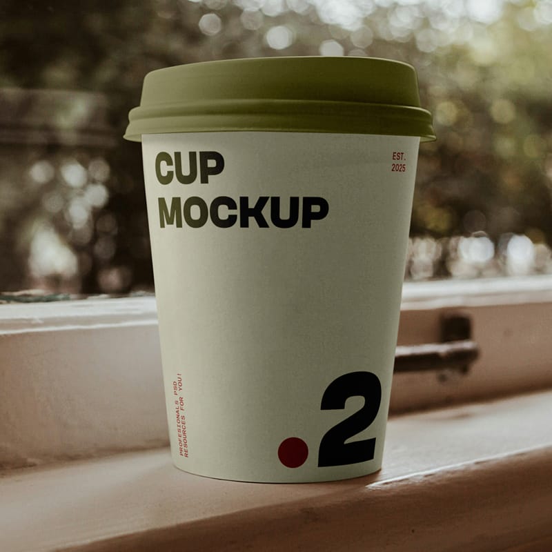 Coffee Cup on Window Ledge Mockup PSD