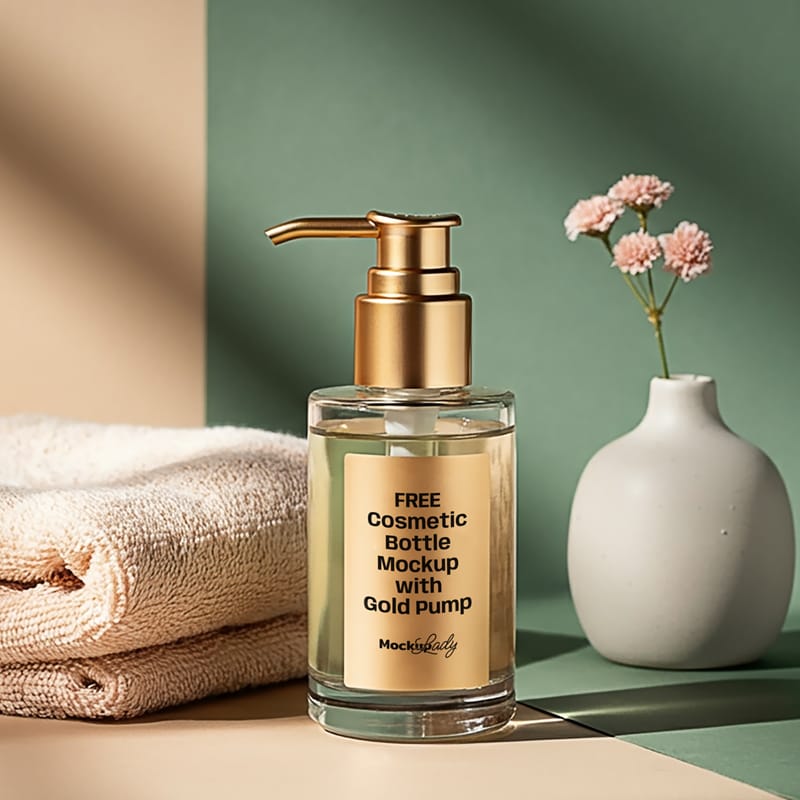 Cosmetic Bottle Mockup with Gold Pump PSD