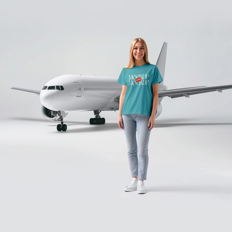 European Woman T-shirt Mockup with Boeing Airplane PSD