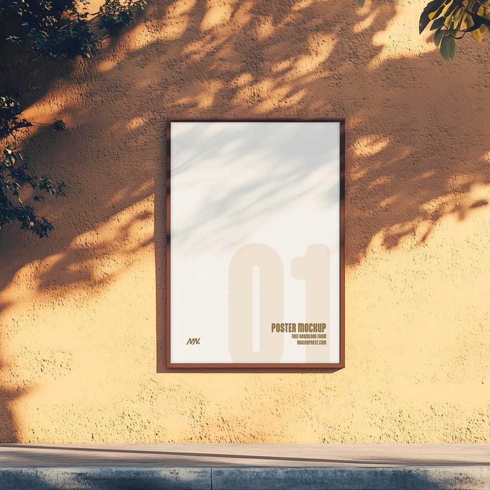 Free A2 Outdoor Poster Mockup On Yellow Background Wall PSD