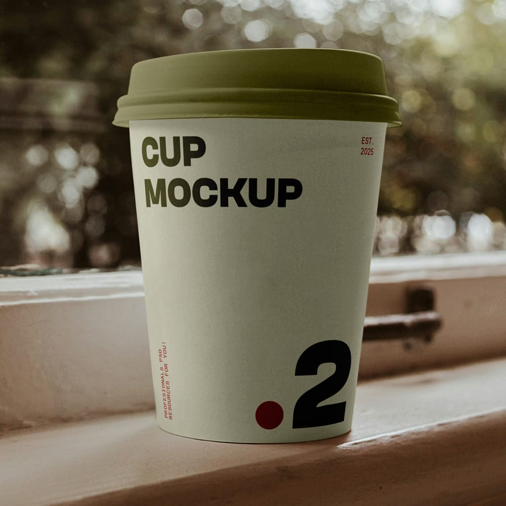 Free Coffee Cup on Window Ledge Mockup PSD