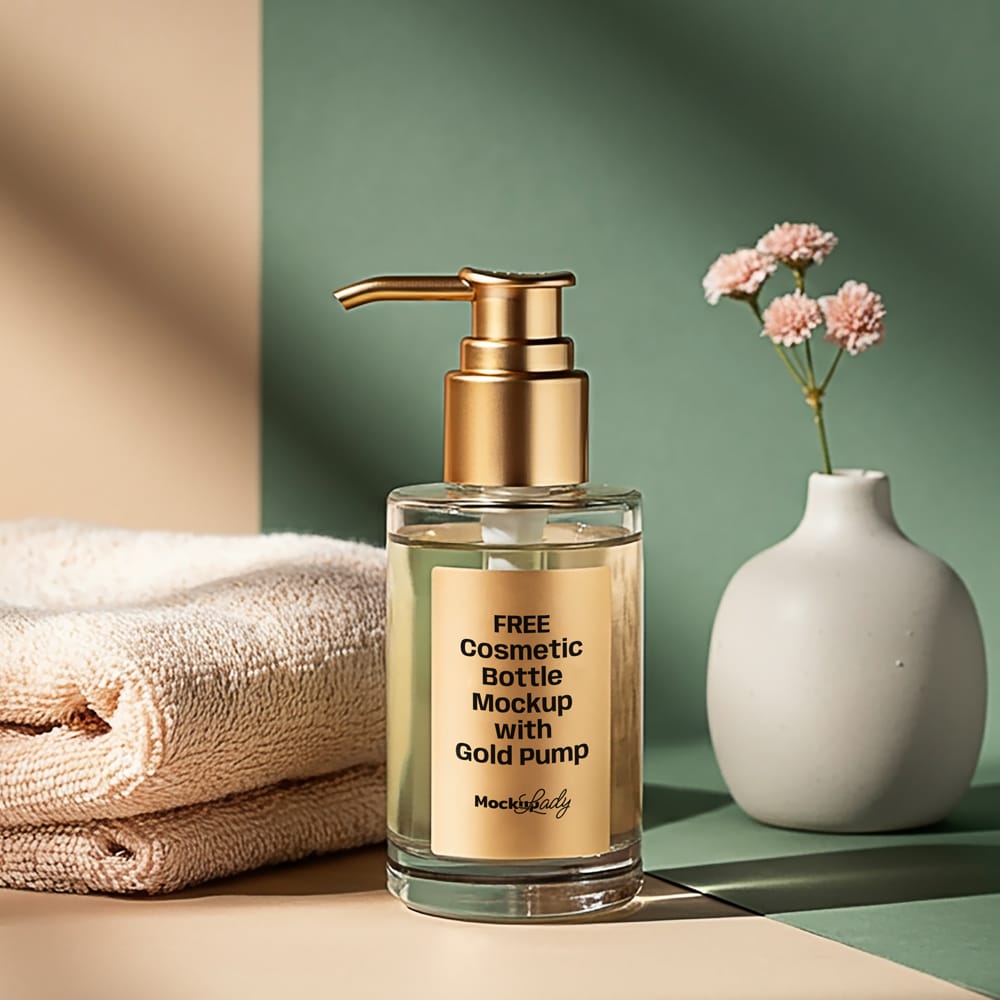 Free Cosmetic Bottle Mockup with Gold Pump PSD