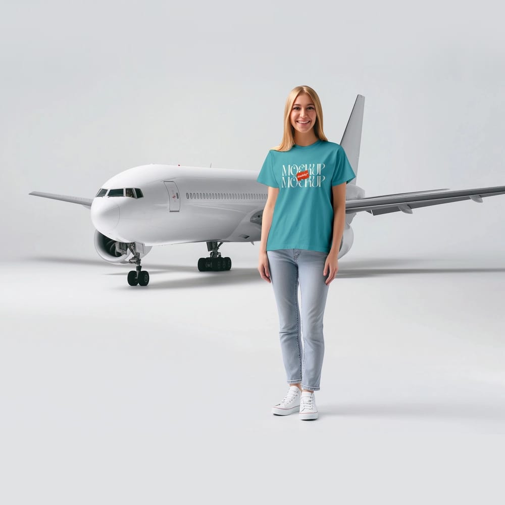 Free European Woman T-shirt Mockup with Boeing Airplane PSD