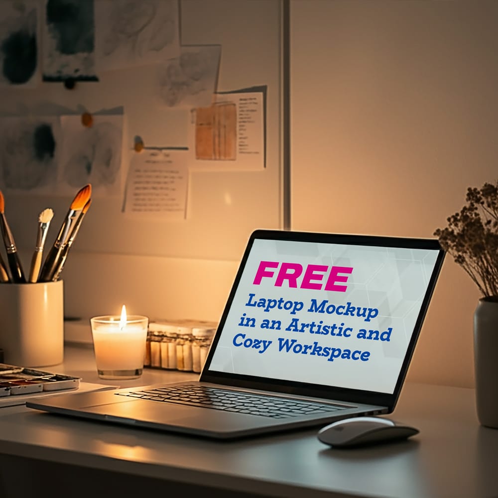 Free Laptop Mockup in an Artistic and Cozy Workspace PSD