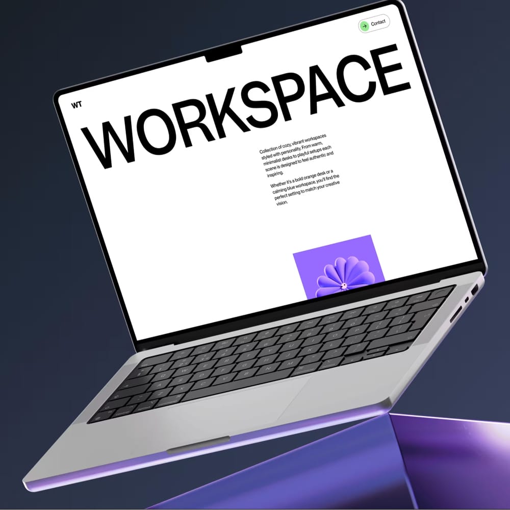 Free MacBook Mockup on Glass Cube PSD