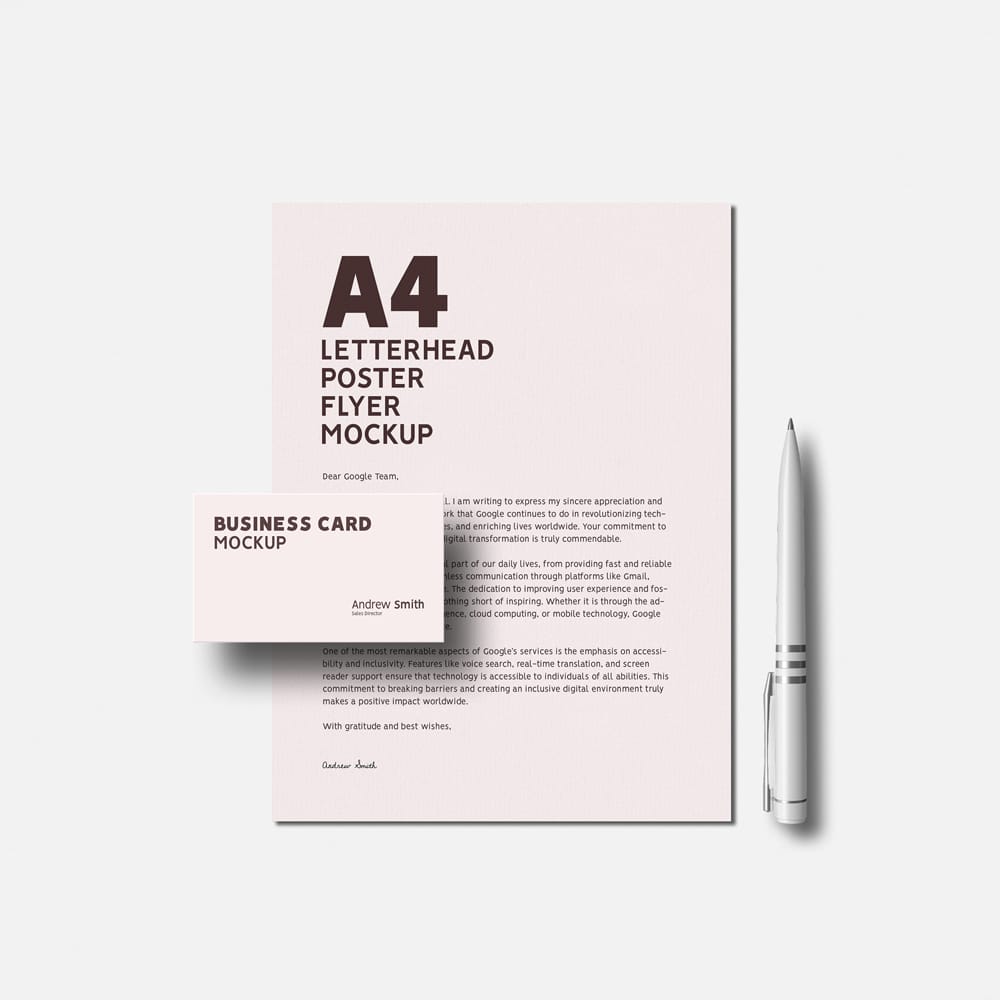 Free Minimal A4 Letterhead Mockup with Business Card PSD