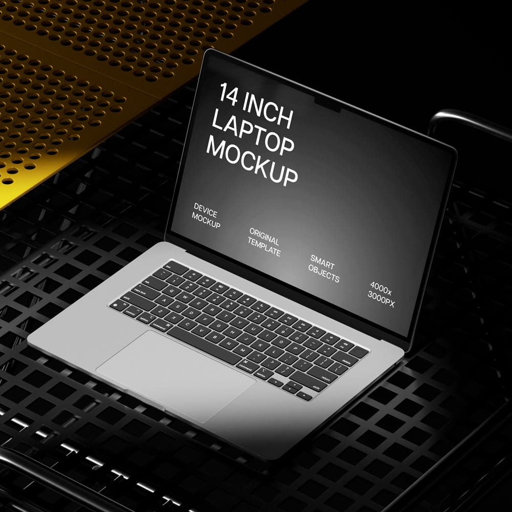 Free Overhead MacBook Pro 14 on Metal Grid PSD