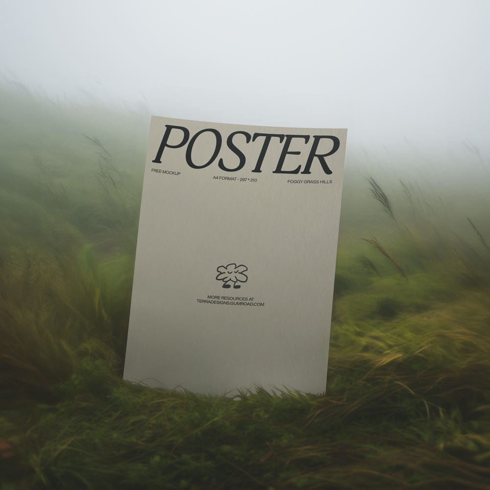 Free Poster Mockup in Foggy Grass Hills PSD