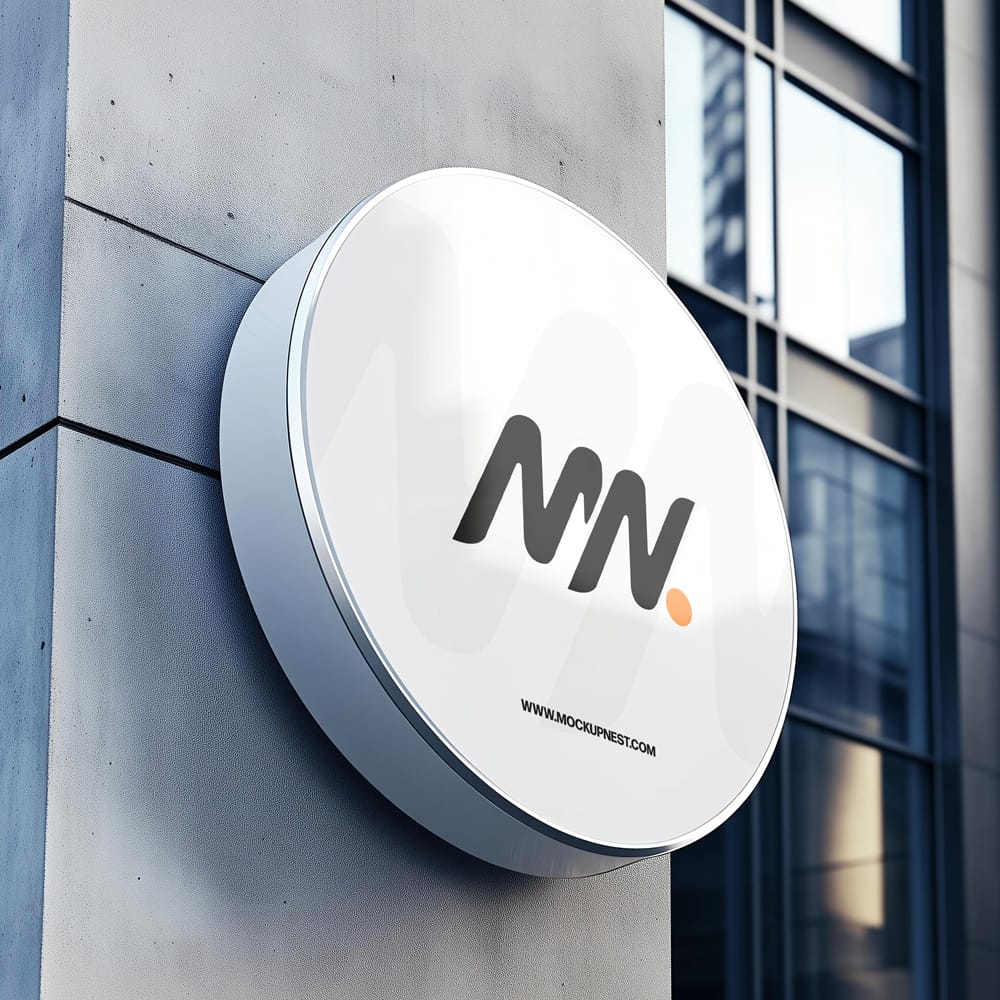 Free Round Signboard Mockup On Building Wall PSD