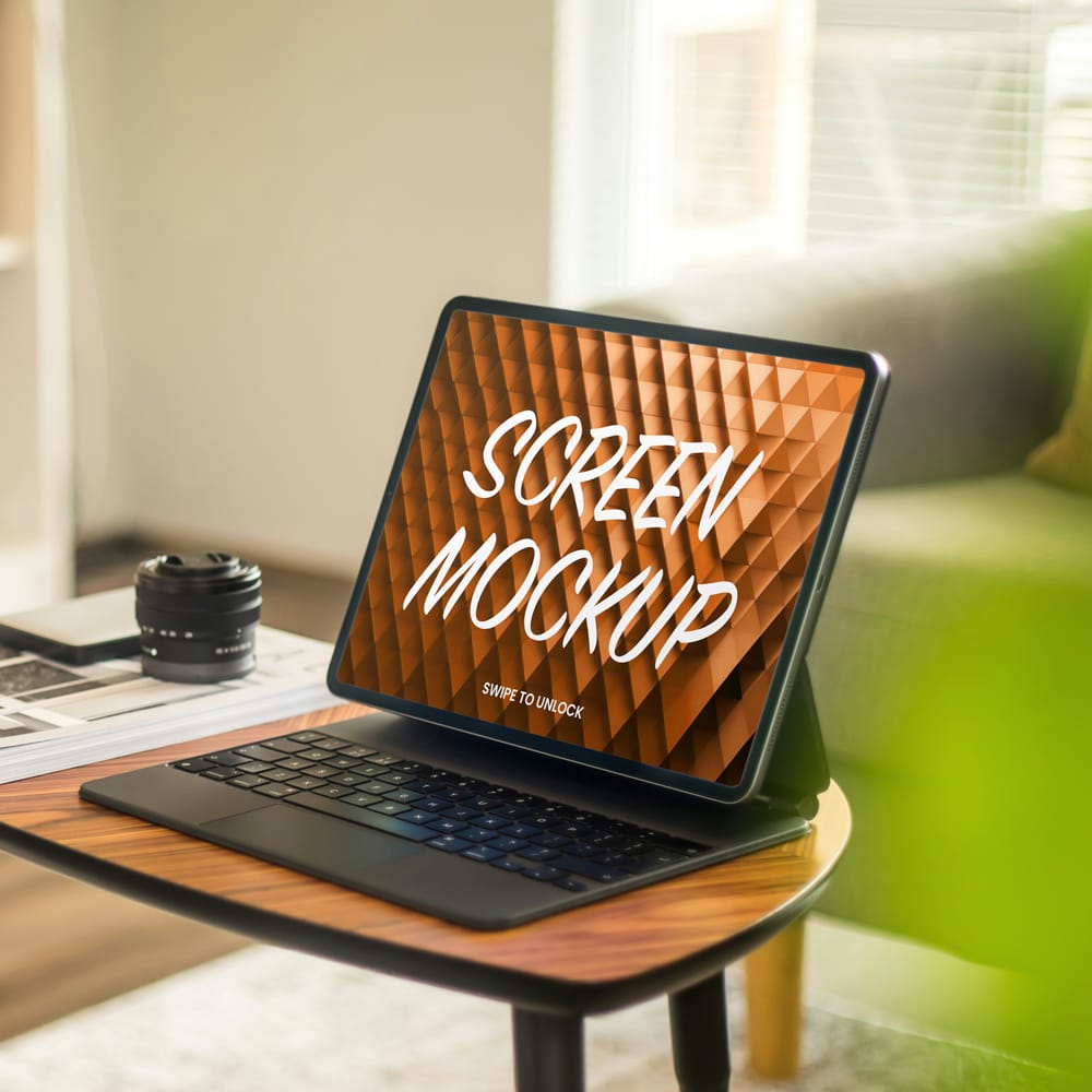 Free Tablet in Living Room Mockup PSD