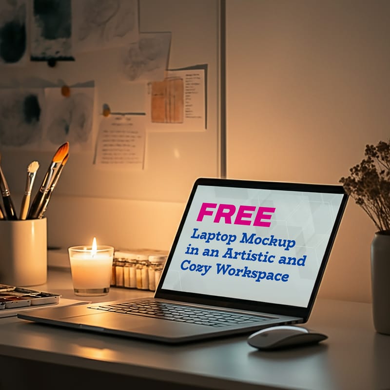 Laptop Mockup in an Artistic and Cozy Workspace PSD