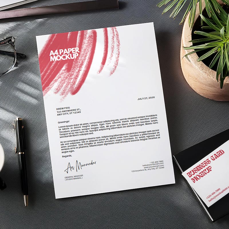 Letterhead and Business Card Mockup with Office Vibe PSD