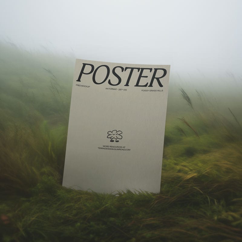 Poster Mockup in Foggy Grass Hills PSD
