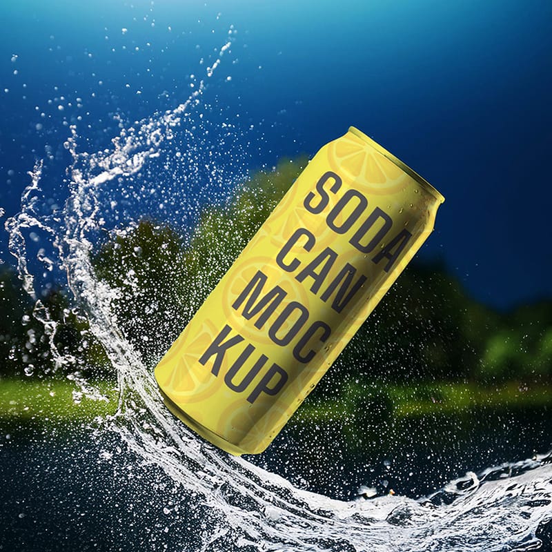 Soda Can Mockup with Water Droplets PSD