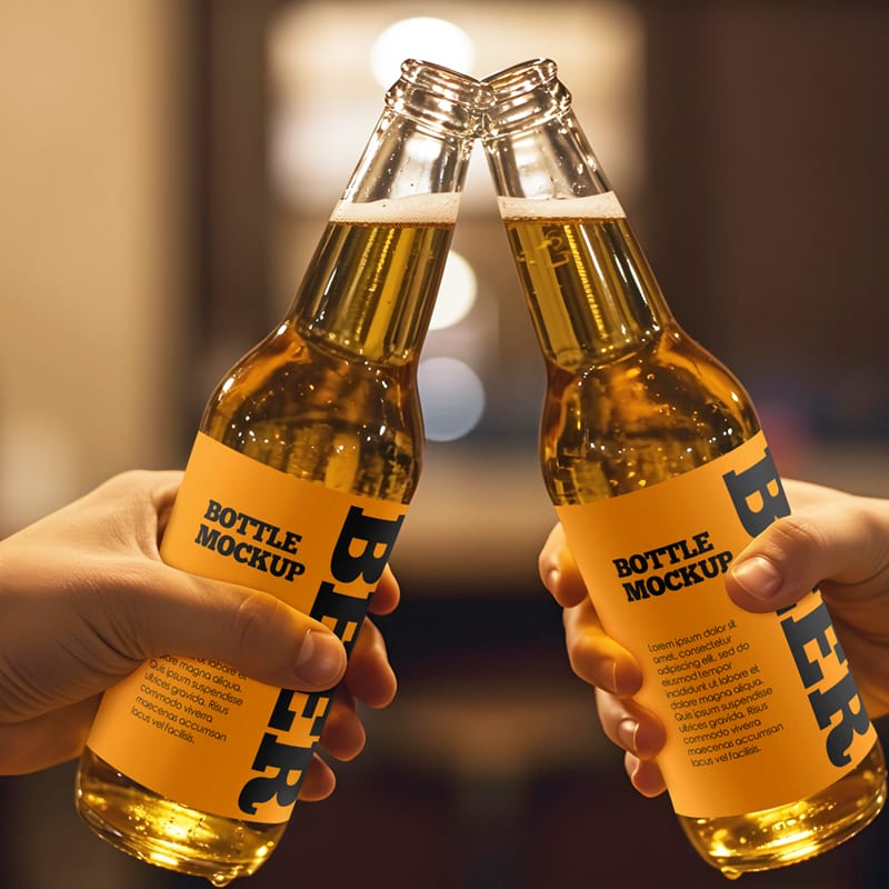 Double Beer Bottle Label Mockup PSD