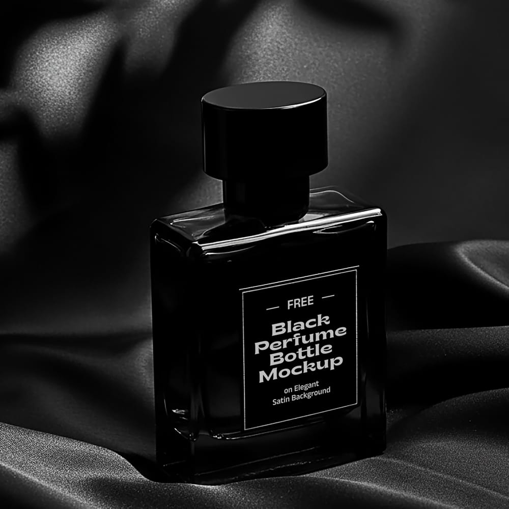 Free Black Perfume Bottle Mockup on Elegant Satin Background PSD