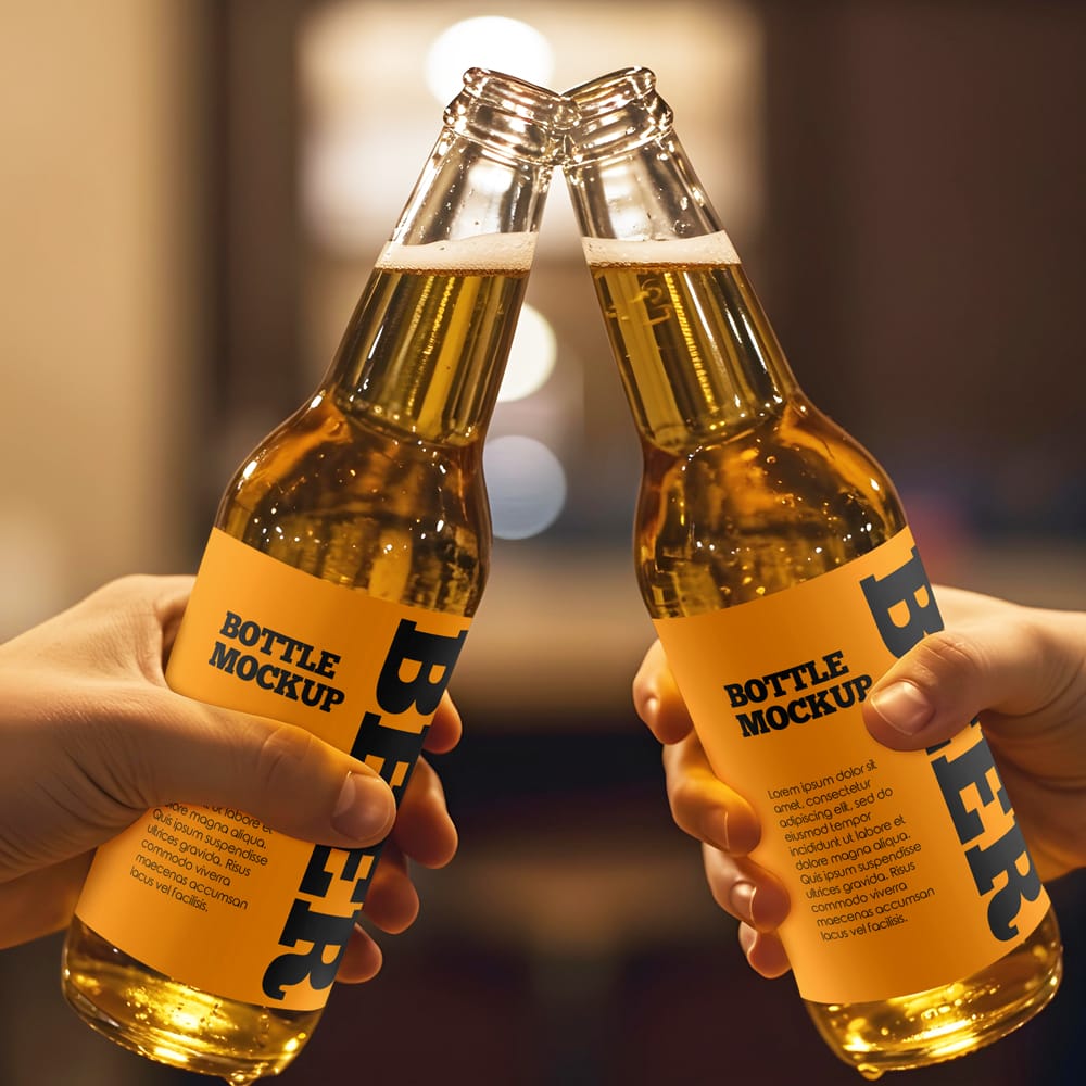 Free Double Beer Bottle Label Mockup PSD