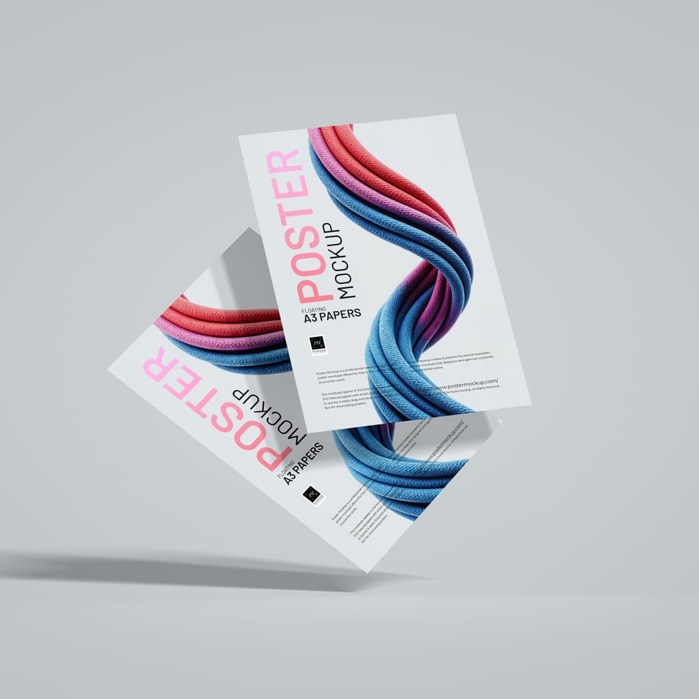 Free Floating A3 Papers Poster Mockup PSD