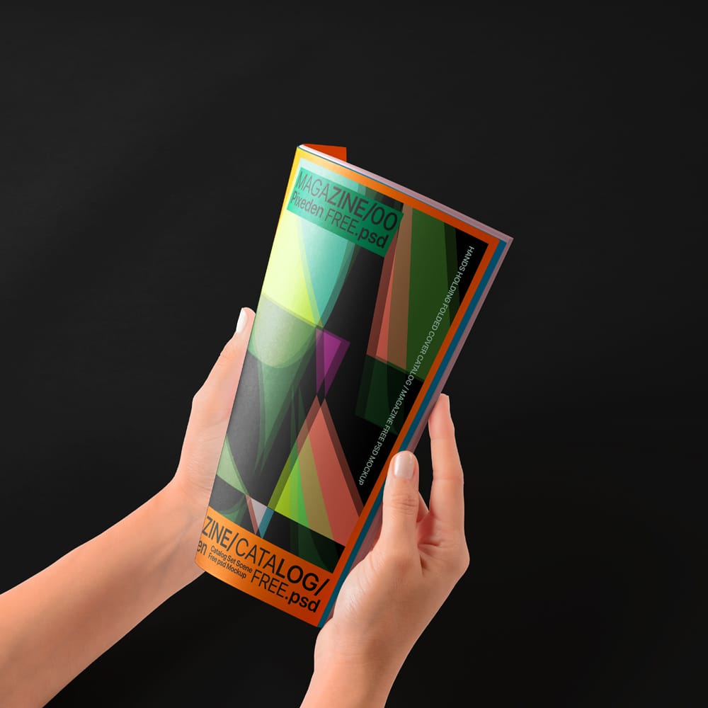 Free Hands Holding Folded Catalog Magazine Mockup PSD