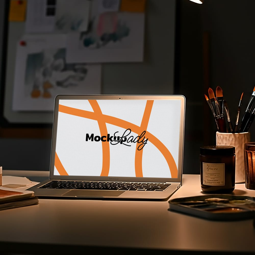 Free Laptop Mockup in Creative Desk PSD