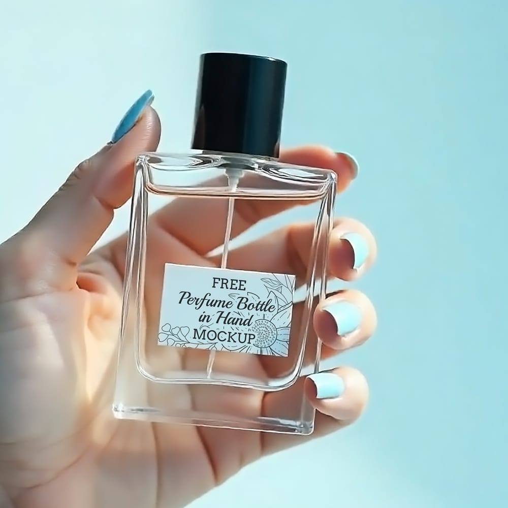 Free Perfume Bottle in Hand Mockup PSD