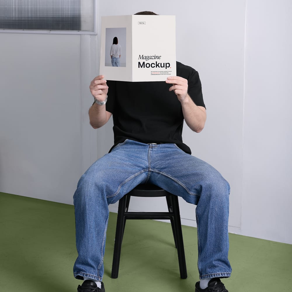 Free Person Holding Magazine Mockup PSD