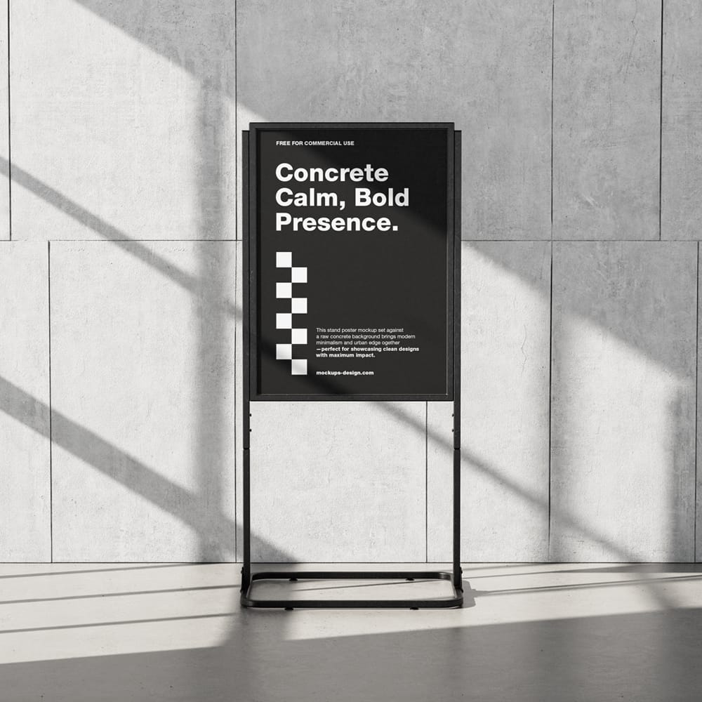 Free Poster Stand on Concrete Mockup PSD