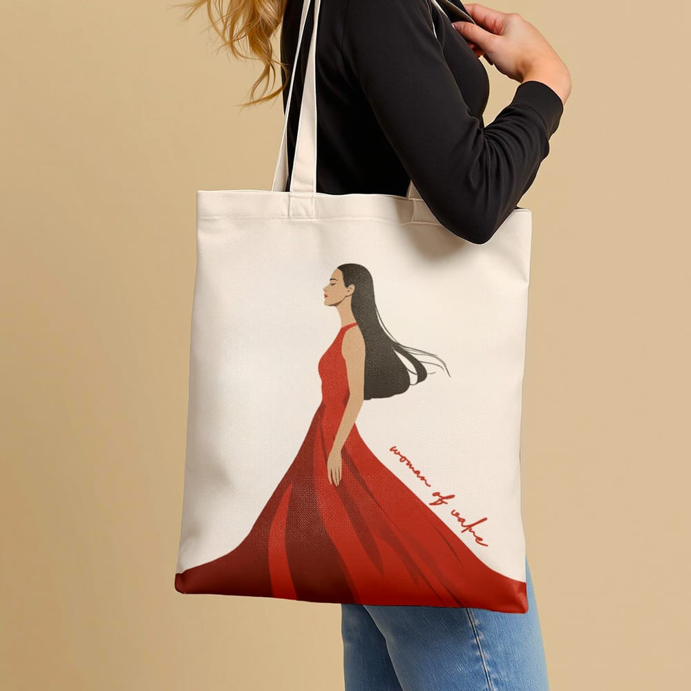 Free Realistic Tote Bag Mockup PSD with a Model 