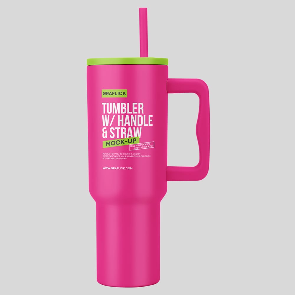 Free Travel Tumbler Mockup With Handle and Straw PSD