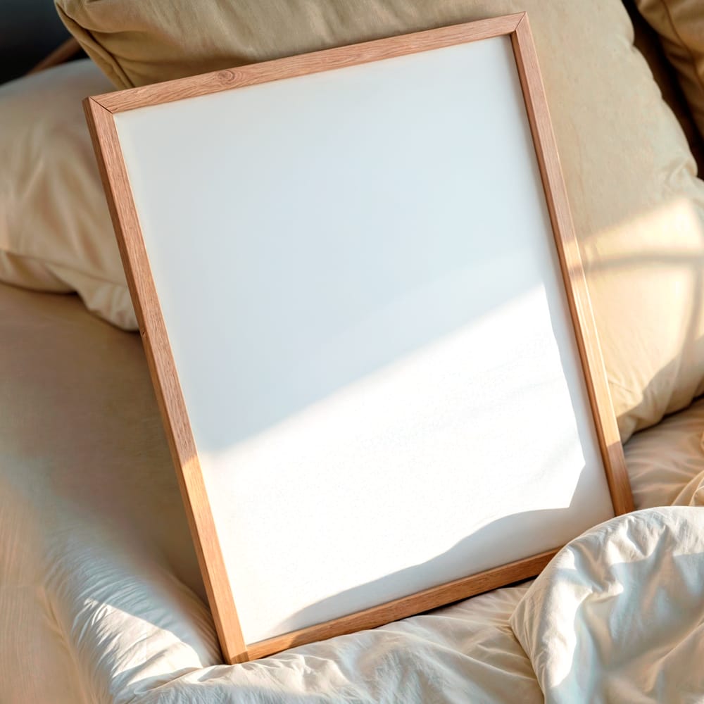 Free Wooden Frame Mockup on the Bed PSD