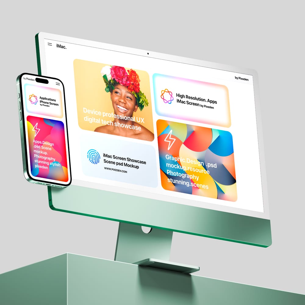 Free iMac and iPhone Pro Showcase Screens Mockup PSD