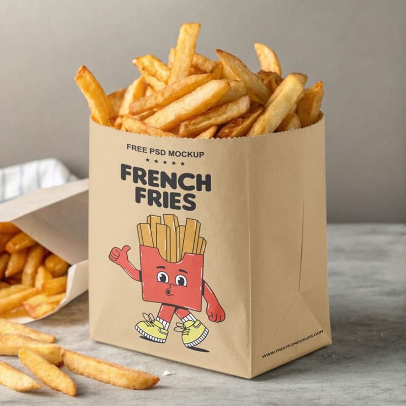French Fries Mockup in Kraft Paper Bag PSD