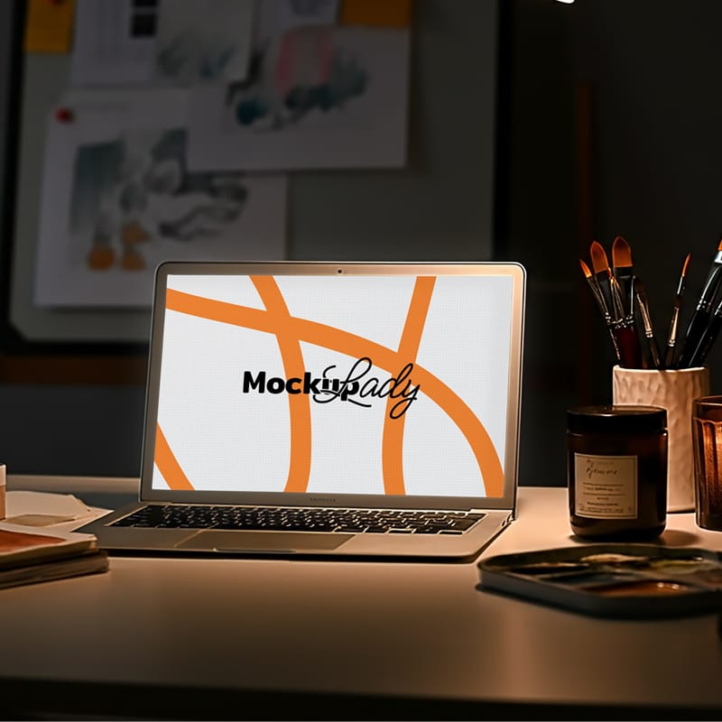 Laptop Mockup in Creative Desk PSD