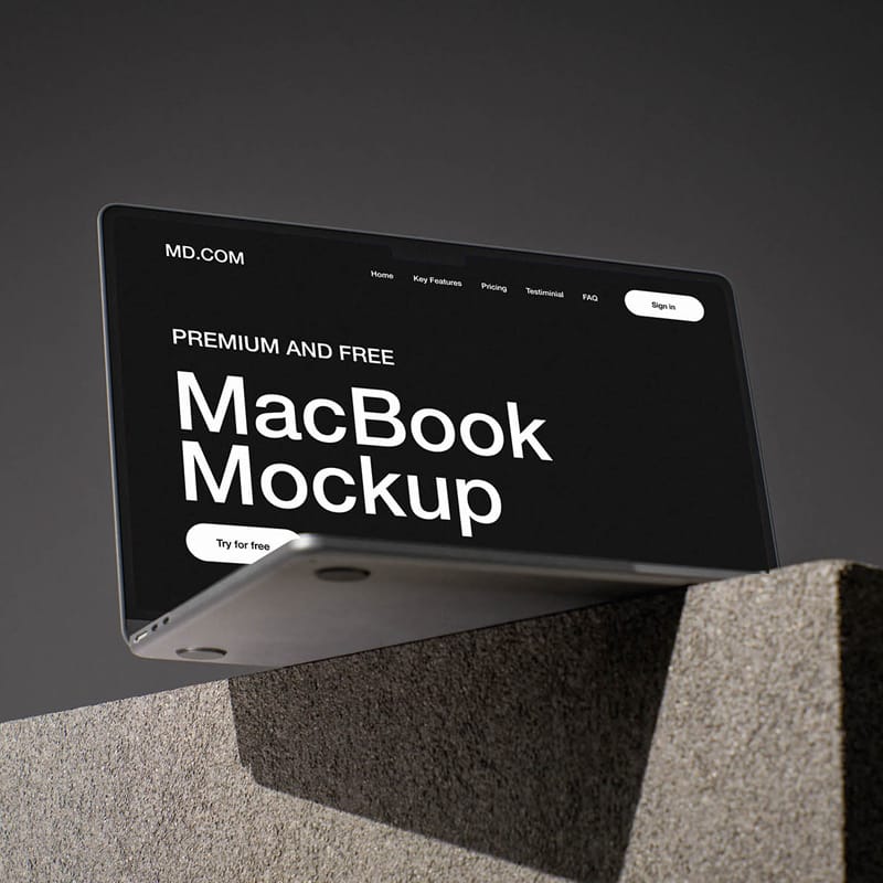 MacBook on Concrete Cube Mockup PSD