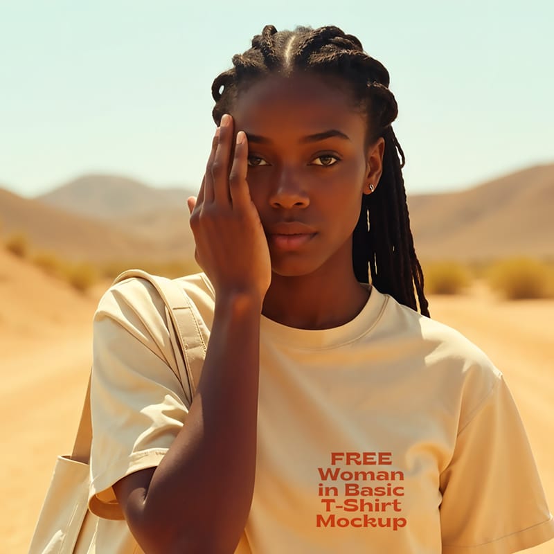 Woman in Basic T-Shirt Mockup PSD