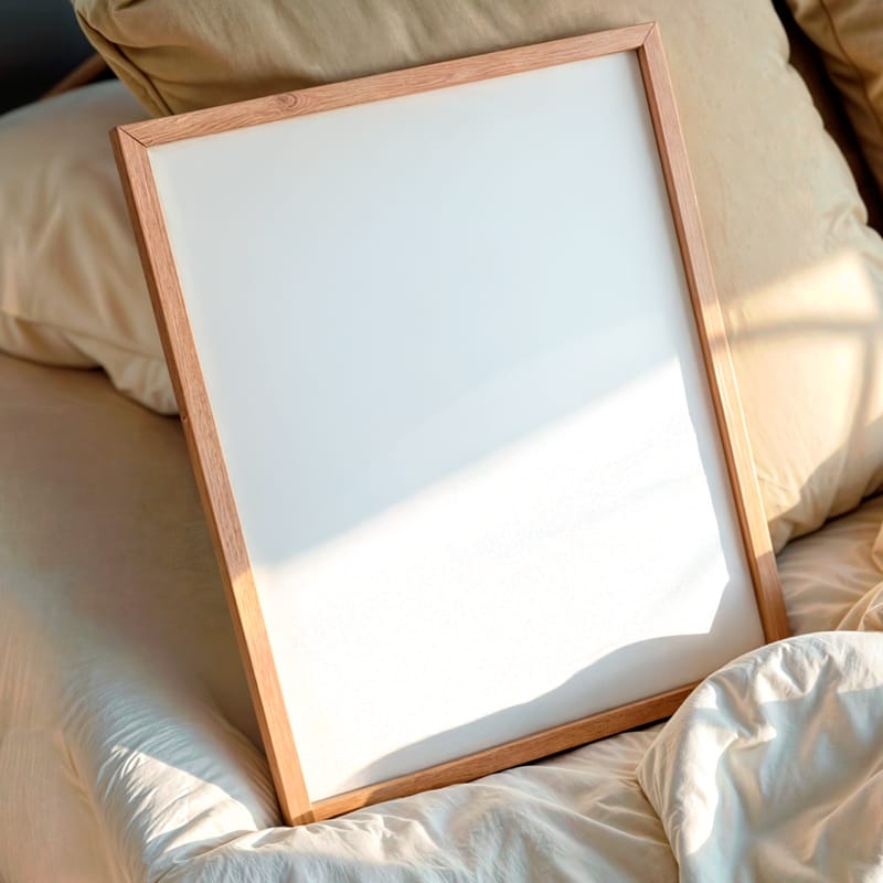 Wooden Frame Mockup on the Bed PSD