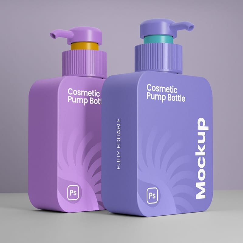 Cosmetic Square Pump Bottle Mockups PSD