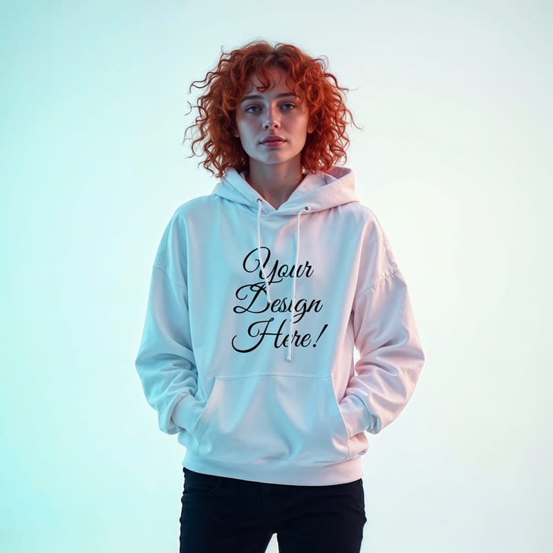 Female Wearing White Hoodie Mockup PSD