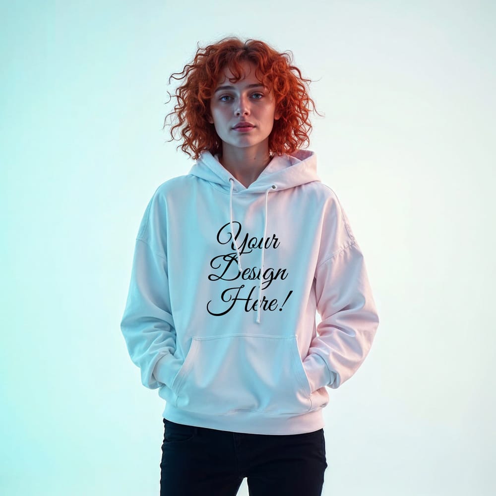 Free Female Wearing White Hoodie Mockup PSD