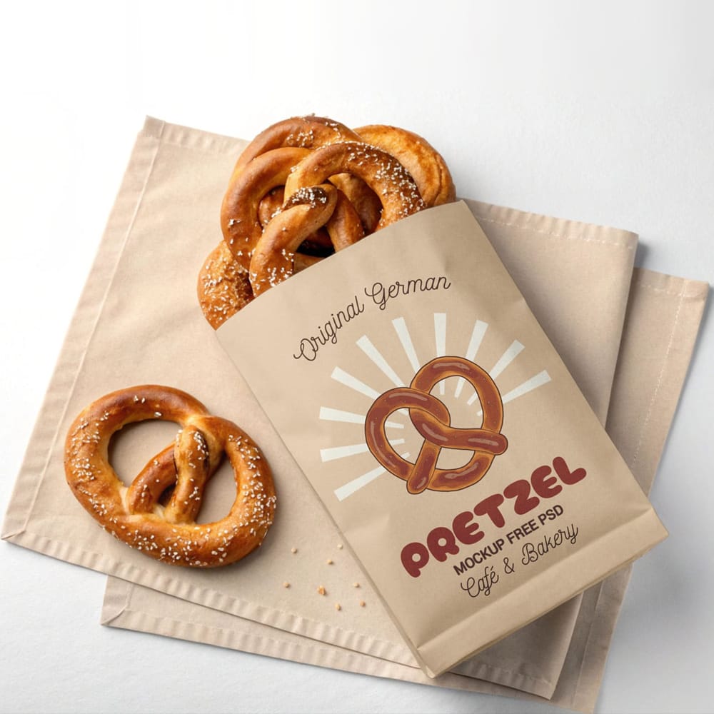 Free Kraft Paper Bag with Honey Mustard Pretzel Mockup PSD