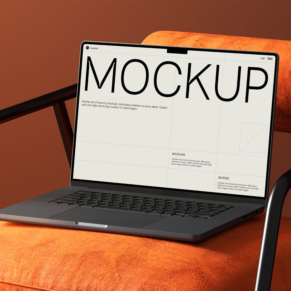 Free MacBook Mockup on Luxe Velvet Chair PSD