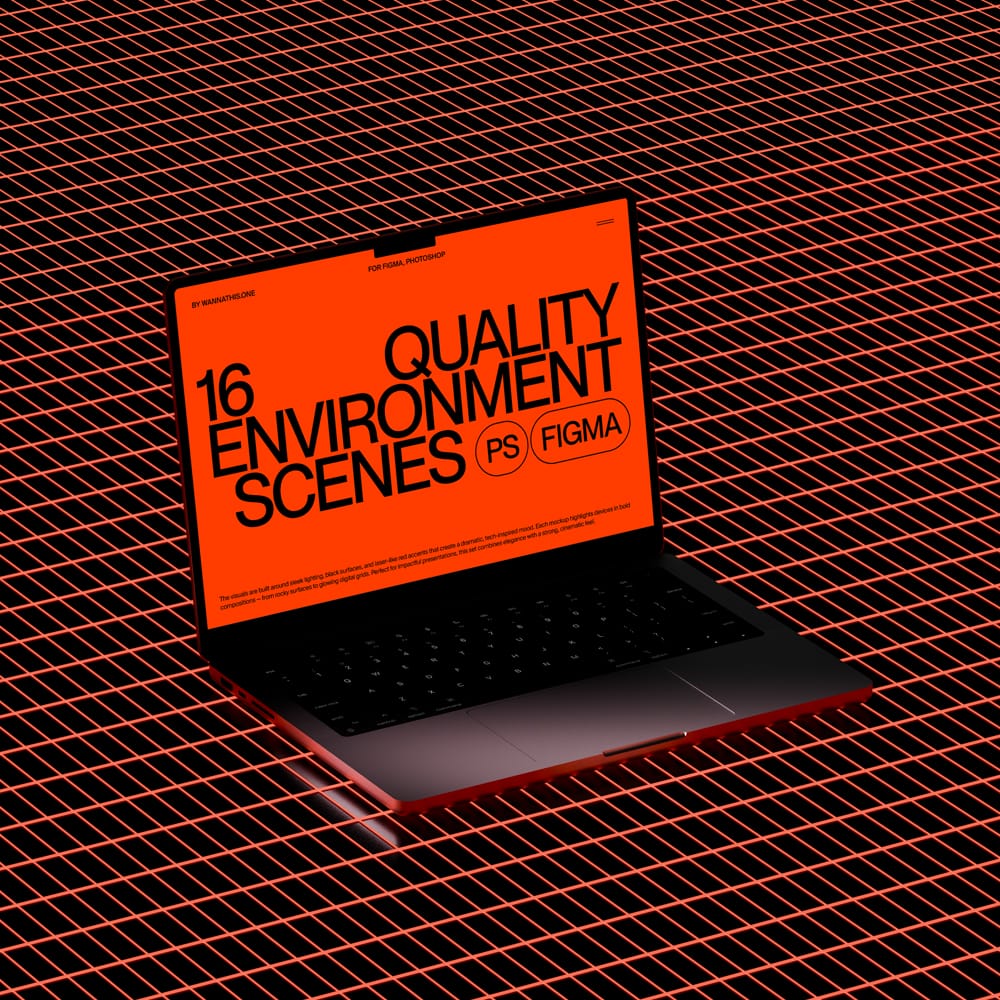 Free MacBook Mockup on Neon Red Grid PSD
