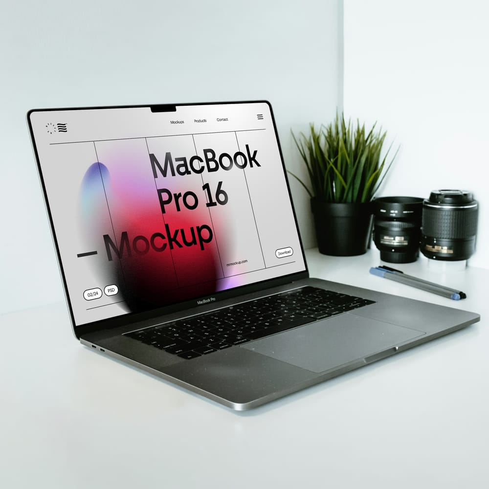 Free MacBook Pro on Wood Desk Mockup PSD