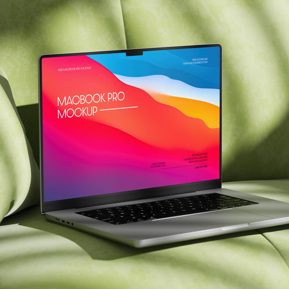 Free Macbook Pro Mockup On Sofa PSD