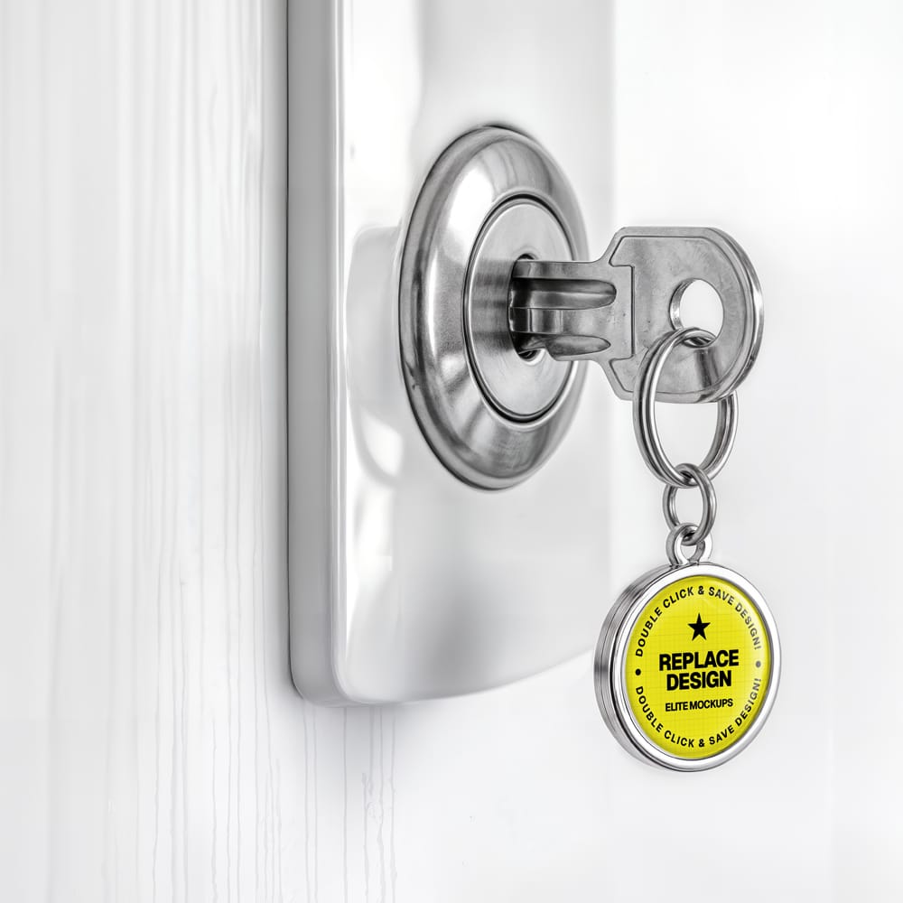 Free Minimalist Keychain Mockup on Modern Door Lock PSD