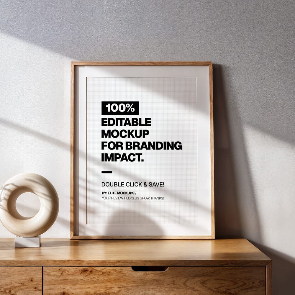 Free Minimalist Letter Frame Mockup on Wooden Dresser PSD